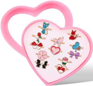 BXDOW 12Pcs Little Girl Jewel Rings in Box, Adjustable Flower Strawberry Rings Girls Kids Pretend Play, Cute Metal Rings with Heart Shape Display Case Party Favors Toys Gifts for Halloween, Christmas