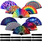 10 Pcs Large Rave Hand Fan Folding Fan with Bamboo Ribs and Case Craft Rave Fans Rainbow Hand Fan for Drag Queen Dance Music Festival Party Performance and Gifts, 10 Styles, 25"