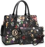 Dasein Women Medium Satchel Handbag Work Tote Shoulder Bag Top Handle Purse with Matching Clutch 2pcs Set (Black Flower)