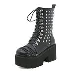 GooMaShoes Women's Black Goth Chunky Platform Boots Mid Heel Shoes, High Heel Gothic Lace Up Booties Round Toe Side Zipper Combat Boots, Punk Spiked Studded Block Thick-Soled Go-Go Ankle Boots 8