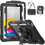 HXCASEAC Shockproof Case for iPad 10th Generation Case 10.9 inch 2022, with 360° Rotating Hand Strap Stand/Screen Protector/Pencil Holder, Heavy Duty Cover for iPad 10 Gen A2696/A2757/A2777, Black