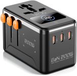 URJD Max 200W GaN Universal Travel Adapter with Smart Display, Dual 100W USB-C Fast Charging, 3 USB-C, 1 USB-A + 2500W AC Outlet, Laptop Travel Charger, International Power Adapter for 200+ Countries