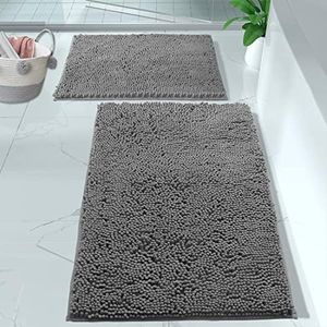 LuxUrux Bathroom Rug Set–Extra-Soft Plush Bath mat Shower Bathroom Rugs,1'' Chenille Microfiber Material, Super Absorbent Rectangular Set (15 x 23''+ 20 x 30'', Light Grey)