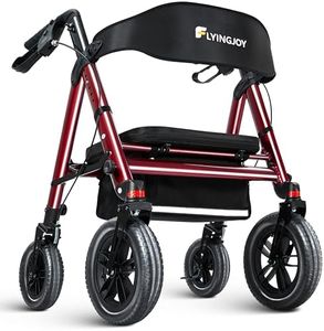 FlyingJoy Rollator Walker with Seat,12" Front Wheels 10" Rear Rolling Walker, Extra-Wide Heavy-Duty Rollator Walker with Seat and Brakes for Seniors and Adults Bariatric with Large Aluminum (Red)