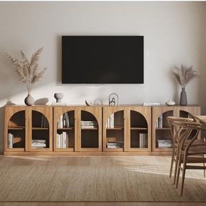BELLEZE Bijou Set of 4 Wall-to-Wall Storage Cabinets (126" Wide) - Grand Sideboard Buffet System w/8 Arched Glass Doors - Massive Entertainment Center & Display Console for Living Room, Office, Camel
