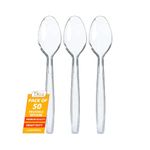 PRICEBEATER Reusable Plastic Dessert Spoons, Heavy Duty Reusable, Hand Washable, Cutlery Tablespoon, Plastic Cutlery for Parties and Basic Everyday Tableware and Dinnerware Pack of 50 (Clear Spoons)