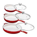 Enemeled Cast Iron 3 Piece Skillet Bundle. 12” + 10” + 8” Set - Cast Iron Frying Pans Heavy Duty Chef Quality Pan Cookware Set with Tempered Glass Lids & Silicone Sleeve, Red