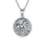 Leo Zodiac Sign Astrology Horoscope Round Medallion Pendant For Men Women Necklace Antiqued Sterling Silver