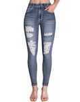 roswear Women's Essentials Ripped Mid Rise Destroyed Skinny Jeans, 104 Blue, Large