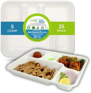 EATONS 5 - Compartment Bagasse Disposable Thali [25 Pack] I Eco Friendly Biodegradable Compostable Sugarcane Paper Plates | Serve Dinner I Birthday Party, Wedding Bhojanam I Rectangular I White