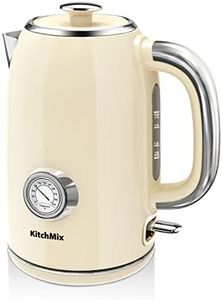 KitchMix Electric Kettle,1.7L Stainless Steel Tea Kettle with Thermometer,1500W Cordless Water Boiler with LED Indicator, Auto Shut-Off & Boil-Dry, Cool Touch Handle, BPA Free - Retro Beige