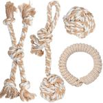 PetiFine Chew Toys for Dogs 4 Pack, Dog Rope Toy for Aggressive Chewers, Interactive Rope Ball Natural Cotton, Dog Tug of War Toy for Teeth Cleaning