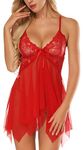 RZS Womens Sexy Lingerie Lace Babydoll Set Open Front Style Nightwear Strap Dress(Red, 2XL)