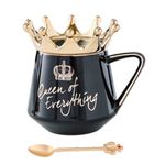 NYRWANA Queen of Everything Coffee Mug, Birthday Gift for Women, Diwali Gifts, Birthday Gift for Girls, Coffee Mug with Lid, Wedding Gift, Ceramic Coffee Mug with Golden Crown & Spoon (350ml - Black)