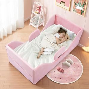 CAPAKIDDO Toddler Bed, Child Bed for Kids with Safety Rails, Standard Crib Size Toddler Bed Frame for Kids 1-7 Years, Certified Soft Velvet Montessori Bed (Pink)