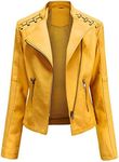 MODFUL Women's Faux Leather Moto Jacket Casual Short Solid Color PU Biker Coat with Pockets, Yellow, Large