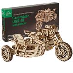 UGEARS Motorcycle with Sidecar 3D Puzzles UGR-10 Motorcycle Scrambler Wooden Model Kits for Adults to Build - Retro Design Sidecar Motorbike Model Kit with Rubber Band Motor