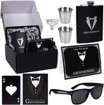 6 Pieces Groomsmen Gifts Groomsman Proposal Wedding Party Box Set:8oz Stainless Steel Tuxedo Flask with cups Poker Bottle Cap Opener Sunglass Card Sticker Groomsman Box for Wedding Bachelor Party