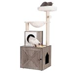 Heybly Cat Tree, Wood Litter Box Enclosure with Food Station, All-in-one Indoor Cat Furniture with Basket and Condo, Modern Style Cat Tower, Hammock, Rustic Gray HCT101SG