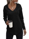 RIROW 2023 Black Womens Hoodie Pullover Long Sleeve Tops Women V Neck Waffle Knit Hooded Sweatshirt XL