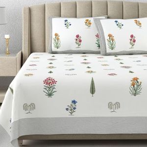 DE CAMA Since 1997 | 100% Cotton 300 TC Premium King Size Bedsheet for Double Bed (90 x 108 Inch) with 2 Pillow Covers Set (17 x 27 Inch) Hand Block Printed Bedsheet Set - Multi Colour