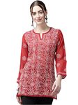 Ada Hand Embroidered Lucknow Chikankari Georgette Short Kurti Top for Girls & Women A911230 (3XL, Red)