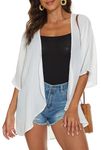 Women's Short Sleeve Cardigan Sheer Floral Printed Swimsuit Coverups Plus Size Tops Shawl Wraps（White，L）