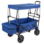 LIVINGbasics Collapsible Canopy Folding Wagon Utility Cart Rubber Tire Garden Shopping Toy Cart, Blue