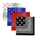 DIKHAWA Unisex Soft Breathable Cotton Paisley Printed Cowboy Bandanas,Headband,Scarf (BLACK,RED,ROYAL BLUE,WHITE_50CM X 50CM_Pack of 4)