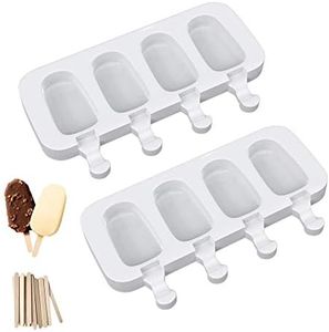 Ouddy Life Popsicle Molds Set of 2, Ice Pop Molds Silicone 4 Cavities Ice Cream Oval Cake Pop Mold with 50 Wooden Sticks for DIY Popsicle, Clear