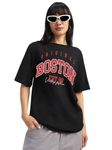 JUNEBERRY® Round Neck Drop Shoulder Black Graphic Printed Pure Cotton Oversized T-Shirt for Women/Girls (GL_OS_Boston_BK_M)