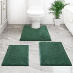 Bathroom Rugs Sets 3 Piece Chenille Bathroom Rugs,Extra Thick and Absorbent,Strong PVC Non-Slip Underside, Machine Washable, Dry Quckily, Soft Cozy Plush for Bathroom, Bedroom, Kitchen （ Dark Green ）