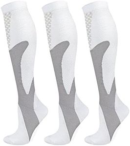 YUEDGE Compression Socks Men & Women Size 9-11, White Flight Socks For Running Cycling Hiking Travel, 3 Pairs/Pack