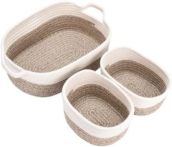 Hallops Rope Storage Baskets Set of 3 White & Desert - Organizer Woven Basket - Lightweight & Portable Cotton Bins for Clothes, Beddings, Towels, Toys, and Laundry - Fits in Shelves, Drawers