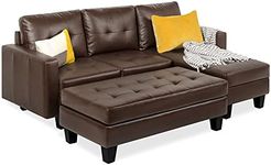 Best Choice Products Tufted Faux Leather 3-Seat L-Shape Sectional Sofa Couch Set w/Chaise Lounge, Ottoman Coffee Table Bench, Brown