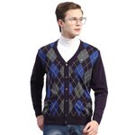 Monte Carlo Mens Navy Blue Self Design V Neck Full Sleeve Wool Blend Cardigan Sweater (1239359FC-1-46)