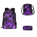 SEANATIVE Purple Butterfly School Bags for Kids Girls 6-18 Years 17 Inch Backpack with Pencil Holder and Reusable Lunch Bag Sets Portable Stationery