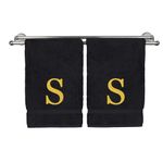 Monogrammed Hand Towel, Personalized Gift, Set of 2- Gold Block Letter Embroidered Towel - Extra Absorbent 100% Turkish Cotton - Soft Terry Finish - Initial S Black
