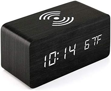 OCT17 Wooden Alarm Clock with Qi Wireless Charging Pad Compatible with iPhone Samsung Wood LED Digital Clock Sound Control Function, Time Date, Temperature Display for Bedroom Office Home - Black