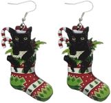 Cat Earrings for Women Christmas Stockings Cat Earrings for Girls Christmas Black Cat Dangle Earrings for Pet Lover Cute Cartoon Earrings for Birthday Party Thanksgiving Halloween Christmas Jewelry Gifts, Metal, No Gemstone