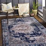 Calore Vintage Boho Area Rug Retro Abstract Rug Traditional Floor Cover Indoor Distressed Non Slip Carpet Floral Print Mat Living Room Bedroom Kitchen (Retro/Navy Blue, 5.2'x6.5')