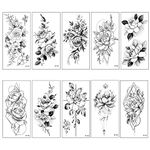 Neoreser Temporary Tattoos Stickers, 10 Sheets Black Flowers Fake Tattoos for Adult Women Men Kids, Makeup Accessories Decorations