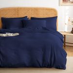 Wake In Cloud - Cotton Quilt Cover Set, 100% Cotton Duvet Doona Cover Bedding, 3 Pieces, Navy Blue, Queen Size