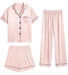 SWOMOG Womens 3pcs Silk Satin Pajamas Sets Short Sleeve Sleepwear Button Down Shirt with Shorts Long Pants Soft Pj Set Blush Pink Large