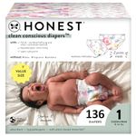 The Honest Company Clean Conscious Diapers | Plant-Based, Sustainable | Rose Blossom + Tutu Cute | Super Club Box, Size 1 (8-14 lbs), 136 Count