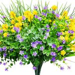 CEWOR 9pcs Artificial Flowers Outdoor UV Resistant Shrubs Plants for Hanging Planter Home Wedding Porch Window Decorï¼Ë†Yellow, Purple, Greenï¼â€°