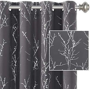 Smarcute Blackout Curtains Foil Print Twig Tree Branch Thermal Insulated Grommet Curtain Drapes Light Blocking Thick Soft Window Curtains for Living 2 Panels Set,Each W132cm x D213cm，Charcoal Grey