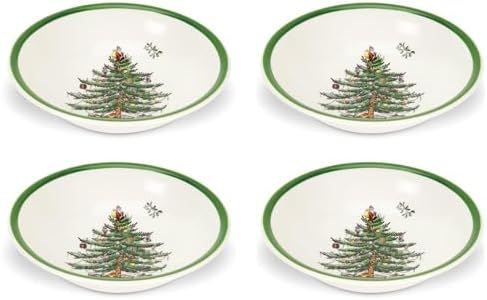 Spode Christmas Tree Ascot 8-Inch Cereal Bowls - Set of 4, Durable Earthenware Bowls for Breakfast, Oatmeal, Cereal, or Soup - Festive Design, Microwave and Dishwasher Safe - Beautifully Gift Boxed