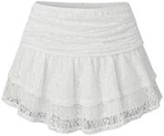 Verdusa Women's Coquette Ruffle Lace Mini Skirts Y2K Floral Ruched Layered Skirt White Small