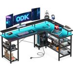 ODK L Shaped Gaming Desk with Power Outlet and LED Lights, PC Gaming Table with USB Ports, Reversible Desk with Storage Shelves & Monitor Stand, Home Office Desk (Carbon Fiber Black, 168×120cm)